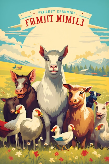 een poster voor een boerderij met een geit en eenden