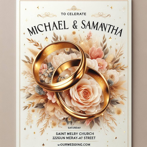 een poster voor een bruiloft met een bloem en een ring die zegt gelukkige verjaardag