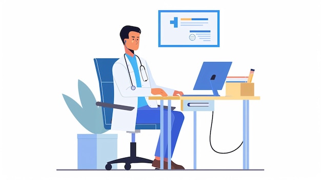 een poster voor een dokter die aan een bureau zit