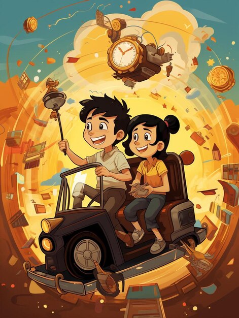 Foto een poster voor een film genaamd een stel met een auto en een klok op de achtergrond.