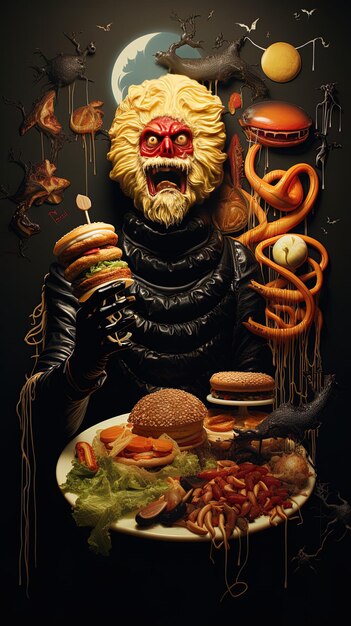 Foto een poster voor een film genaamd film personage met een bord eten en een hamburger