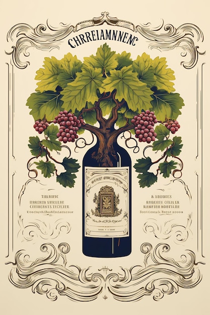 een poster voor een fles wijn met een label dat 'grape' erop zegt