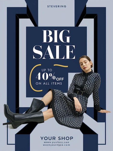 Foto een poster voor een grote verkoop toont een vrouw aan de voorkant en de woorden grote verkoop aan de onderkant