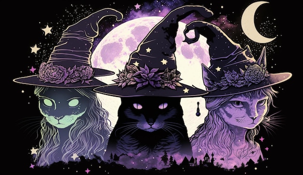 Een poster voor een halloweenfeest met drie katten erop.
