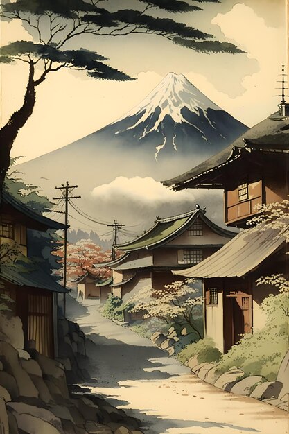 Een poster voor een Japans huis met een berg op de achtergrond.