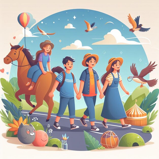 Foto een poster voor een kinderboek met een foto van kinderen en een paard