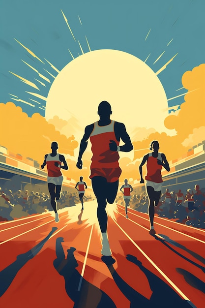 een poster voor een marathon met een man die op de achtergrond loopt.