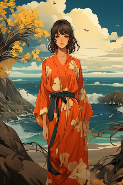 een poster voor een meisje genaamd het meisje in een kimono.