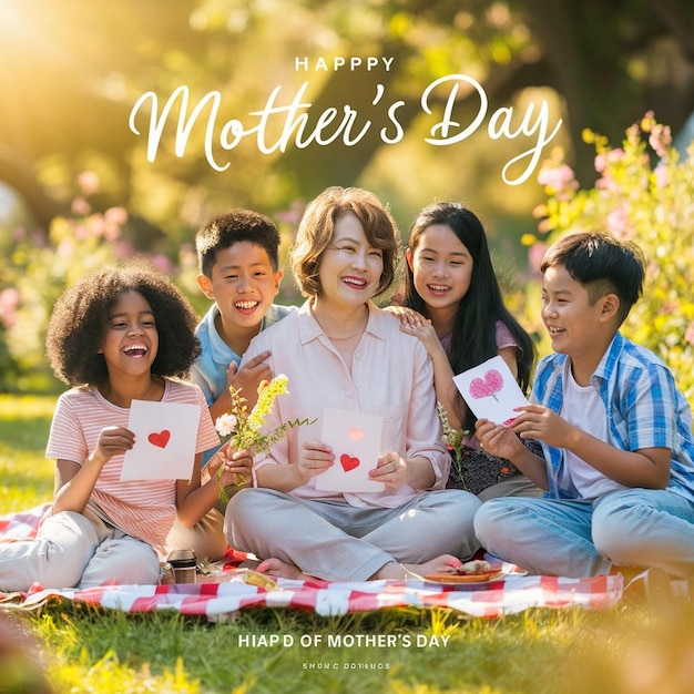 een poster voor een moeder en haar kinderen met een gelukkige verjaardagskaart