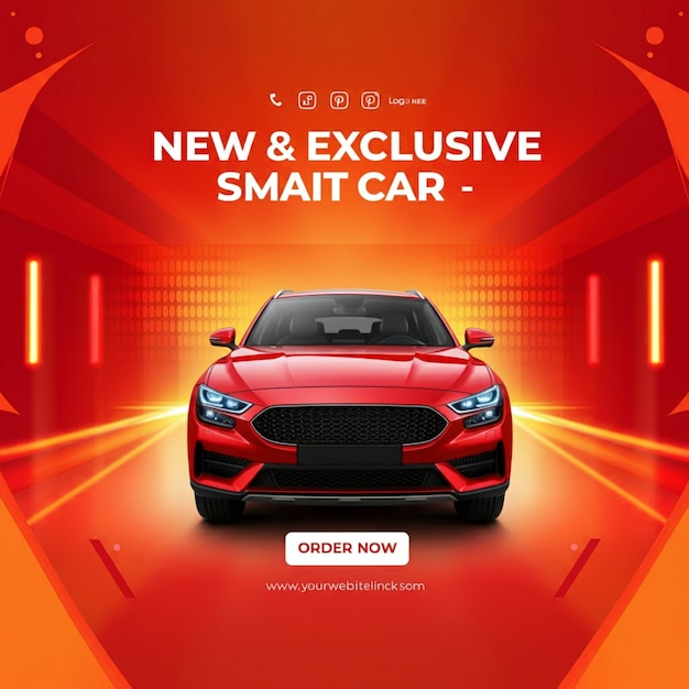een poster voor een nieuwe auto en een nieuwe auto met de gloednieuwe auto