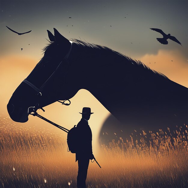 Een poster voor een paard met een man naast hem en het silhouet van een paart met de woorden " het paard ".