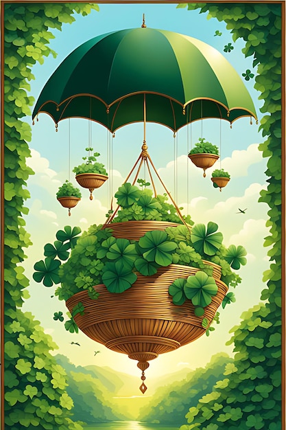 een poster voor een parachute met een groene paraplu daarboven