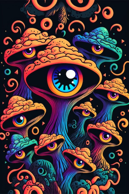 Een poster voor een psychedelische paddenstoel genaamd de paddenstoelenplek.