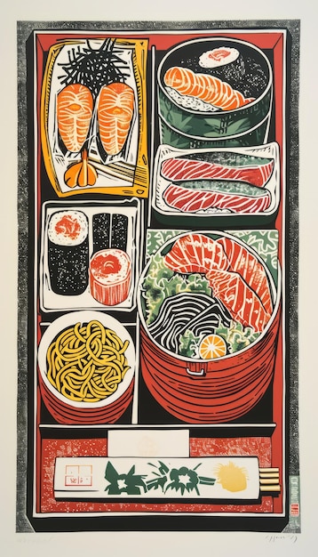 Foto een poster voor een restaurant genaamd sushi in een rode container