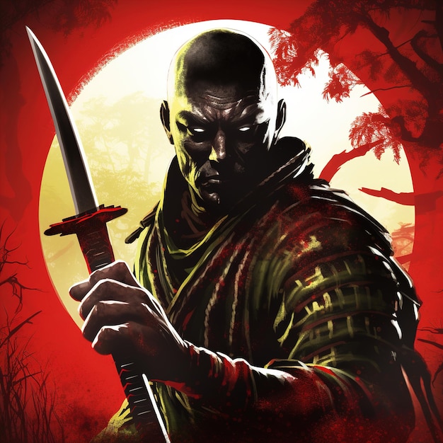 Een poster voor een samurai krijger met een maan op de achtergrond