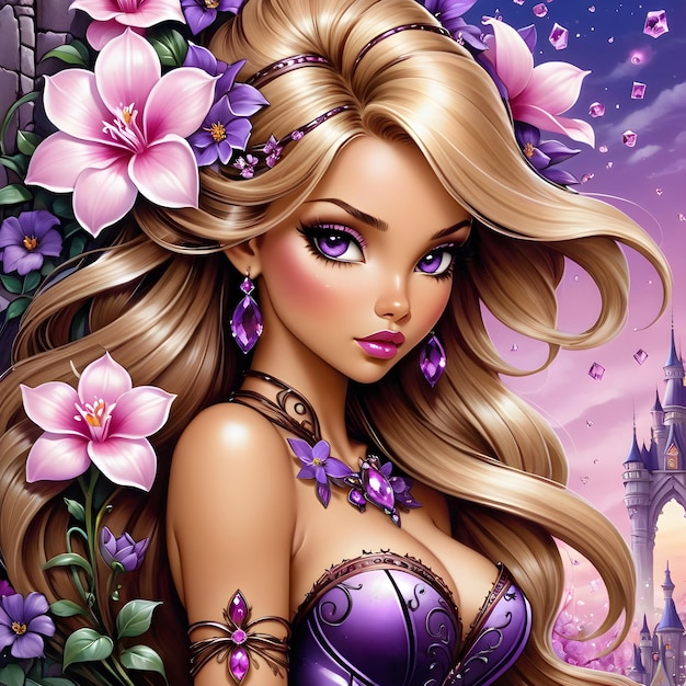 een poster voor een schoonheidskoningin met bloemen en een kasteel op de achtergrond