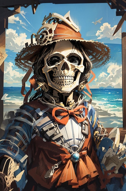 Een poster voor een skelet met een hoed op en een hoed met een lint eromheen.