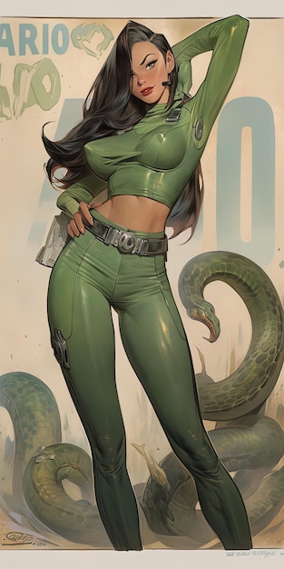een poster voor een stripboek personage met een slang op de rug