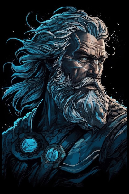 Een poster voor een vikingman met een blauwe achtergrond.