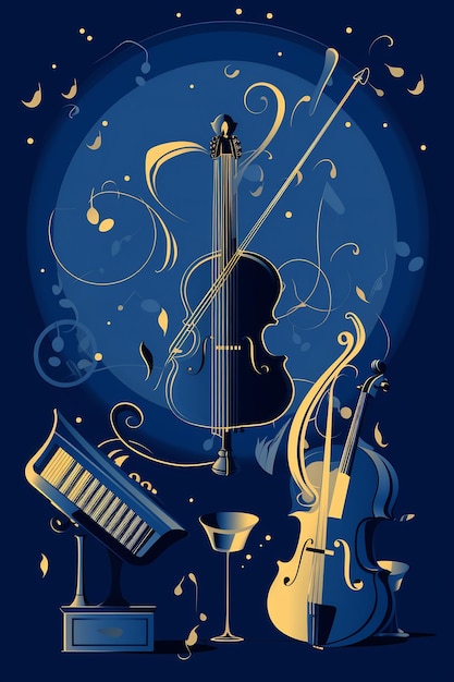 een poster voor een viool met een muziekinstrument bovenop.