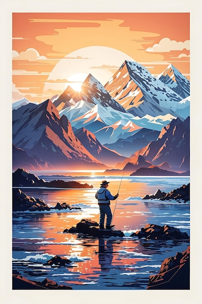 Een poster voor een visser met bergen op de achtergrond