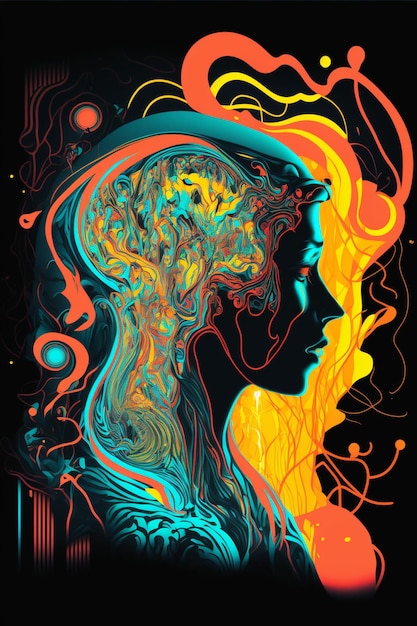 Een poster voor een vrouw met een kleurrijke achtergrond.