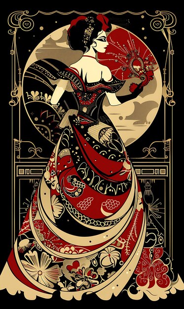 een poster voor een vrouw met een rode en zwarte jurk en een rode en witte jurk
