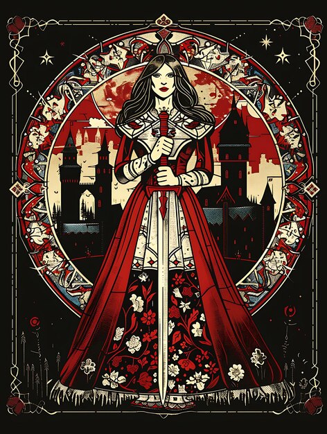 een poster voor een vrouw met een zwaard en een rode jurk met bloemen erop