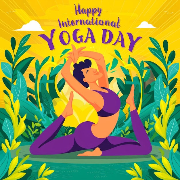 een poster voor een yoga evenement met een poster dat zegt internationale yoga