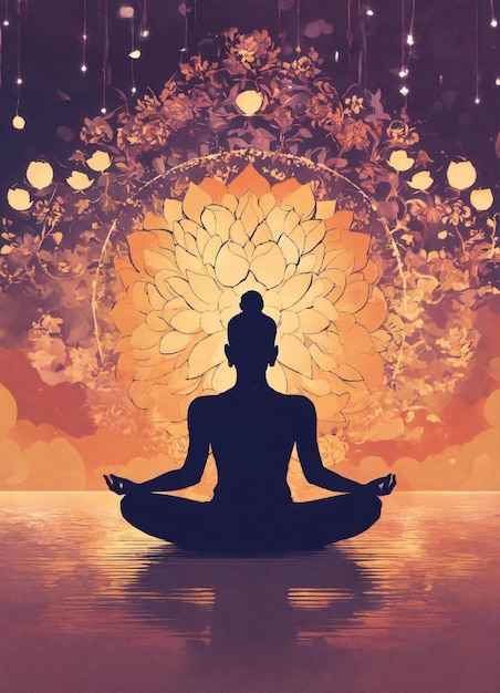 een poster voor een yoga les met een silhouet van een meditatende man