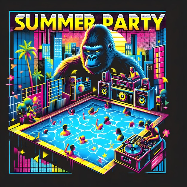 een poster voor een zomerfeest met een gorilla erop