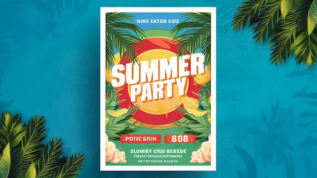 een poster voor een zomerfeest met palmbomen en een blauwe achtergrond