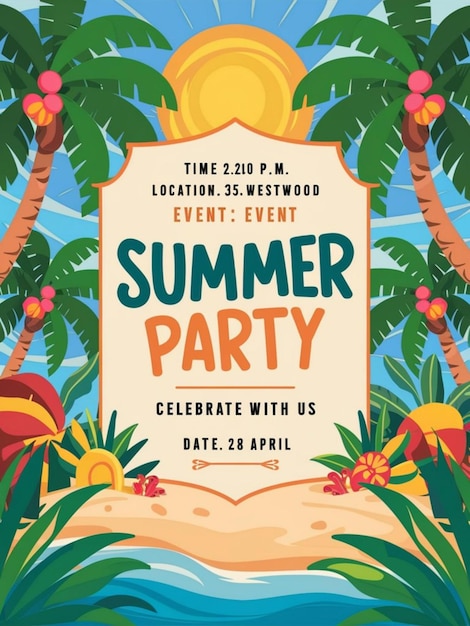 een poster voor een zomerfeest met palmbomen en een tropisch strandbeeld