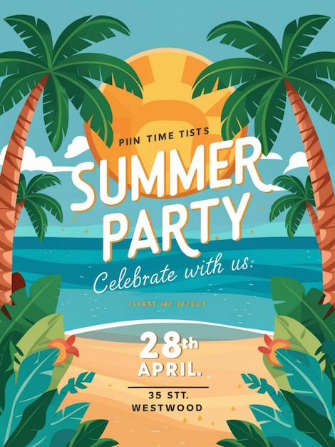 een poster voor een zomerfeest met palmbomen en een zonsondergang op het strand