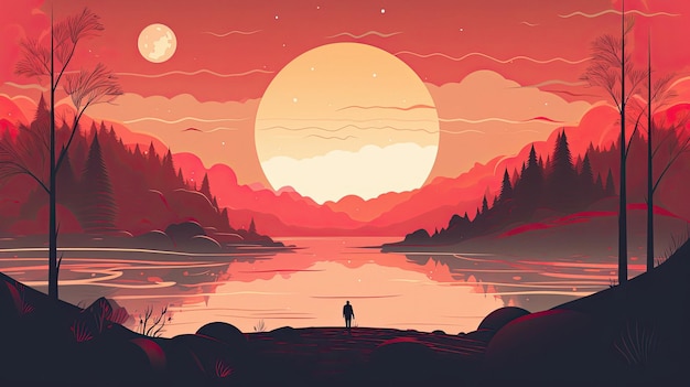 Een poster voor een zonsondergang met een man die in het water vissen.