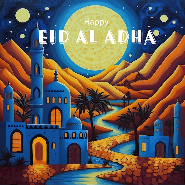 Een poster voor eid al adha met een blauw kasteel op de achtergrond.