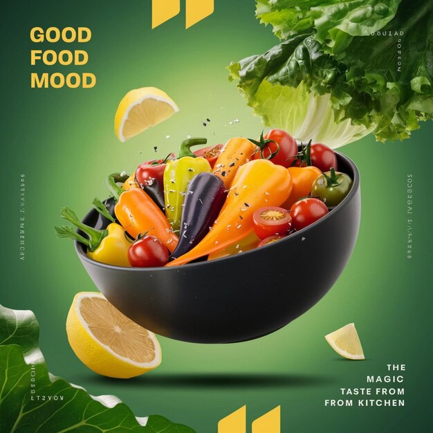 Foto een poster voor goed eten met een foto van groenten en de woorden goed eten
