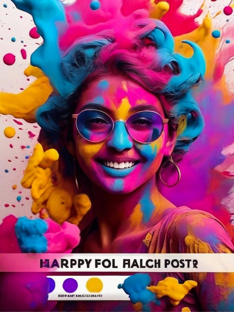 een poster voor happy pom post postkantoor met een vrouw die een bril draagt