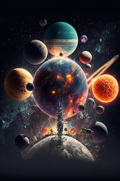 Een poster voor het universum met planeten en sterren