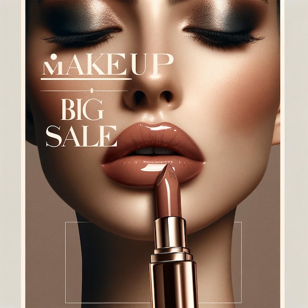 Een poster voor make-up verkoop toont een vrouw met een lippenstift