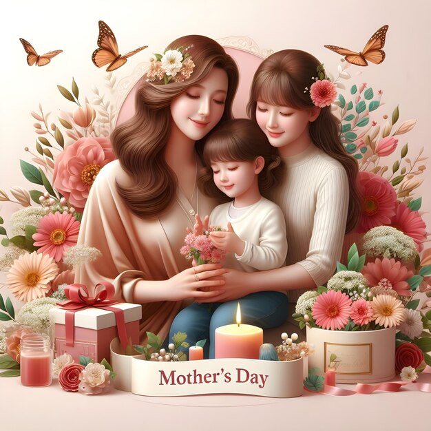 een poster voor moedersdag met een kind en bloemen