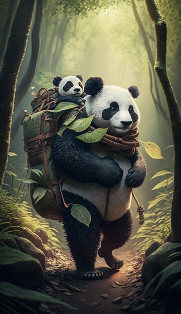 Een poster voor panda's met een panda die een baby op zijn rug draagt.