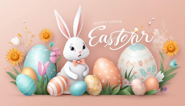 een poster voor Pasen met een konijn en eieren