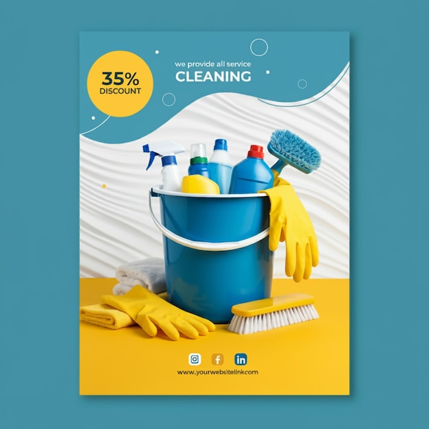een poster voor reinigings- en reinigingsmiddelen met een blauwe achtergrond