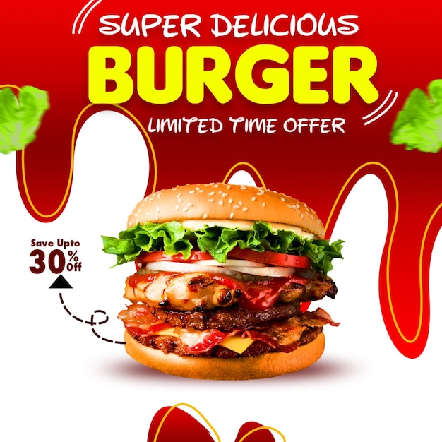 een poster voor super burgers met een foto van een hamburger erop