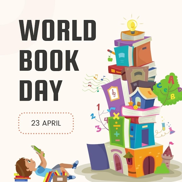 een poster voor wereldboekdag met een jongen die voor een stapel boeken speelt