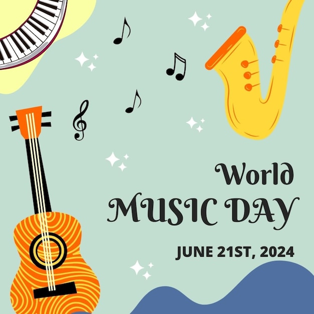 een poster voor wereldmuziekdag met een muzikale achtergrond en tekst