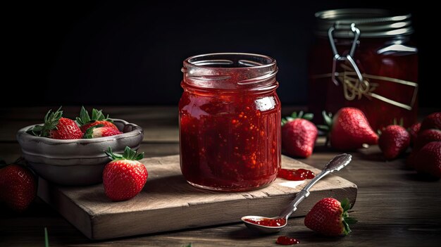 Een pot aardbeienjam staat op een houten snijplank met een lepel aardbeienjam.