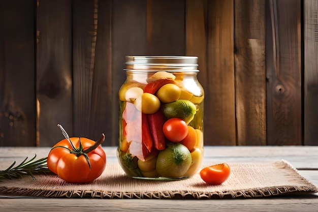 Een pot augurken, tomaten en komkommers.