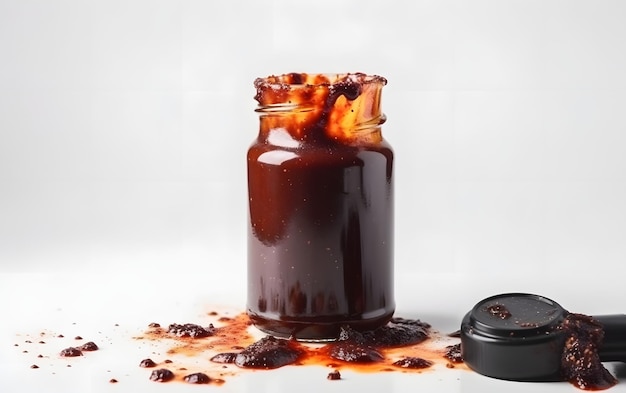 Foto een pot bbq-saus met een zwarte deksel en een zwarte deksel.